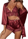 3-Pc Women’s Satin Silk Pajamas Sets w/ Robe