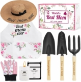 7 Piece Womens Gardening Kit with Pink Gardening Tools,Straw Hat, Floral Gardening Apron and Gloves