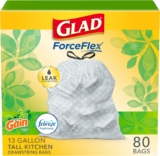 80-Count Glad Trash Bags, ForceFlex Tall Kitchen Drawstring Garbage Bags,13 Gal, Gain Original with Febreze