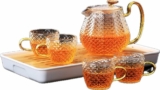 Microwave Safe Glass Teapot with Removable Infuser and Lid + Set of 4 Glass Cups