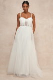 Women’s Glittering Romance White Rhinestone Tulle Bustier Maxi Dress