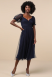 Women’s Glorious Chicness Navy Tulle Pleated Puff Sleeve Midi Dress