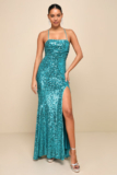 Women’s Glowing Praise Teal Blue Sequin Lace-Up Maxi Dress