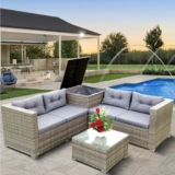 4-Pc Outdoor Patio Furniture Set with Tempered Glass Table and Storage Box