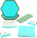 Hallmark Crayola Hallmark Color Pop Aquamarine Blue and Gold Party Supplies (12 Paper Plates, 12 Paper Straws, 12 Place cards, 24 Napkins)