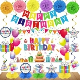 Happy Birthday Decorations Kit, Colorful Birthday Banner Backdrop Table Centerpieces Hanging Swirls Paper Pompoms