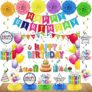 Happy Birthday Decorations Kit, Colorful Birthday Banner Backdrop Table Centerpieces Hanging Swirls Paper Pompoms