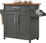 Hodedah Rolling Wood Kitchen Island Cart with Spice Rack, Towel Rack, Utensil Drawer plus Cabinet, White with Beech Top
