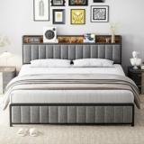 Upholstered Full Size Bed Frame with Storage Shelf, Charging Station and Outlets