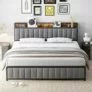 Upholstered Full Size Bed Frame with Storage Shelf, Charging Station and Outlets