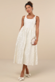 Immaculate Elegance Cream Jacquard Lace-Up Midi Dress