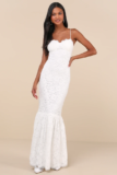 Instinctively Stunning White Lace Bustier Trumpet Maxi Dress