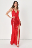 I’ve Got to Glow Red Sequin Lace-Up Mermaid Maxi Dress