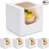 60-Pcs Individual Cupcake Containers with Window and Inserts, 3.5″x3.5″x3.5″