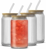 Set of 4 JoyJolt Fluted Glass Tumblers with Bamboo Lids and Glass Straws, Ribbed Can Shaped