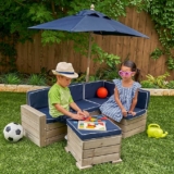 KidKraft Wooden Outdoor Sectional Ottoman & Umbrella Set with Cushions