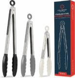 Set of 3 Kitchen Tongs for Cooking with Silicone Tips