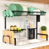 Adjustable 2-Tier Dish Rack Over Sink with Multifunctional Baskets