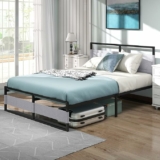 ueen Metal Platform Bed Frame with Headboard and Pocket, Heavy Duty Steel Slat