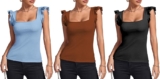 Women’s Square Neck Ruffle Cap Sleeve Ribbed Knit Top