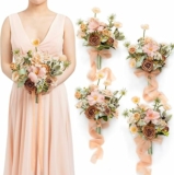 Set of 4 Ling’s Moment Artificial Flowers Apricot and Peach Bridesmaid Bouquet Set