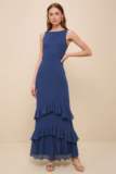 Women’s Lovely Arrival Dark Blue Chiffon Ruffled Tiered Maxi Dress