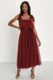 Women’s Lovely Influence Wine Red Tulle Swiss Dot Tie-Strap Midi Dress