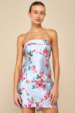 Women’s Luxe Wonder Light Blue Floral Taffeta Strapless Bow Mini Dress