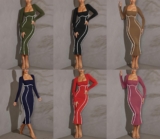 Women’s Square Neck Long Sleeve Dress Contrast Binding Maxi Dress