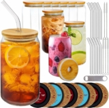 10-Sets Classic Can Tumbler Glasses with Glass Straws, Cork Coasters, Bottle Opener, & Straw Cleaning Brushes