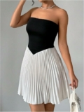 Women’s Colorblock Strapless Tube Top Pleated Dress