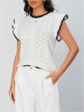 Women’s Contrast Binding Ruffle Sleeve Vest Crew Neck Knit Sweater Pullovers