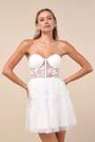 Marvelously Lovely White Tulle Embroidered Strapless Mini Dress