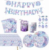 Mermaid Birthday Party Decoration Kit – Complete Set Includes Paper Napkins, Table Cloth, Pull Flags, Cake Topper, Cups, Plates