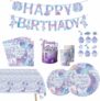 Mermaid Birthday Party Decoration Kit – Complete Set Includes Paper Napkins, Table Cloth, Pull Flags, Cake Topper, Cups, Plates