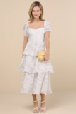 Women’s Mesmerizing Sweetheart Ivory Jacquard Puff Sleeve Midi Dress