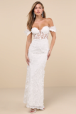 Women’s Midnight Sparkle White Embroidered Feather Bustier Maxi Dress