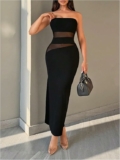 Women Contrast Mesh Strapless Tube Dress