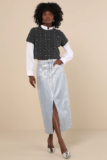 Glamorous Women’s Modern Shine Light Wash Metallic Coated Denim Midi Skirt