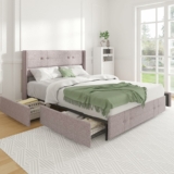 Novilla Bed Frame Platform with 4 Storage Drawers and Fabric Upholstered Headboard, Queen