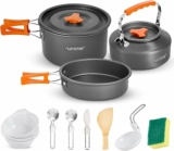 NutriChef Camping Cookware Set – Lightweight Nonstick Pots, Pans, Utensils, Bowls, Cutlery, and Cleaning Tools with Mesh Bag