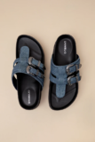 D’Amelio Footwear Women’s Nyra Blue Jean Denim Thong Buckle Flatform Sandals