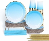 250-Pcs Disposable Ombre Light Blue Dinnerware Set with Straws & Cups