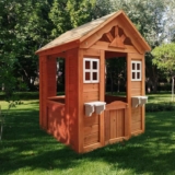 Girls Pretend Play Wooden Cottage Playhouse with Flowerpot Holder Window for Outdoor Garden