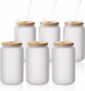 6-Pack Life Sublimation Glass Cans Blanks Frosted with Bamboo Lid and Clear Glass Straw, 13oz