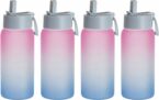 4-Pack Sublimation Glass Sports Water Bottles Blanks Frosted Gradient Pink with Straw & Portable Lid