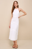 Women’s Perfectly Serene White Eyelet Ruffled Tie-Back Midi Dress