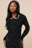 Lost + Wander Women’s Perla Black Rhinestone Pearl Pointelle Knit Collared Cardigan