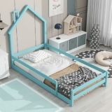 Pine Wood Floor Bed Frame with House Shaped Headboard Full-Length Guardrails Twin Size