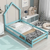 Pine Wood Floor Bed Frame with House Shaped Headboard & Guardrails, Twin Size